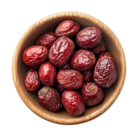 Dried Chinese jujube fruits displayed in a wooden bowl on a smooth transparent background with a warm hue, Chinese Jujube dried in wood bowl on transparent background png
