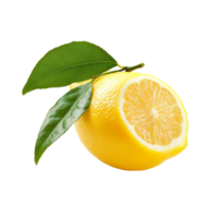 Fresh lemon isolated on a clean transparent background showcasing vibrant color and texture with green leaves, lemon isolated in transparent background format png