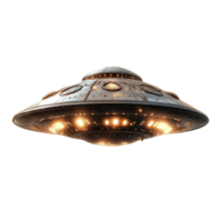 Classic UFO spaceship with illuminated lights hovering against a transparent background at dusk, Classic UFO Spaceship with Lights On transparent background png