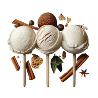 Three delightful ice cream scoops served with a variety of fresh ingredients on a wooden table, Three scoops of ice cream with ingredients png