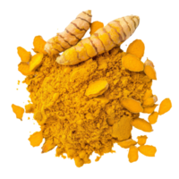 Dry turmeric powder curcuma longa linn isolated on a transparent background with fresh roots and slices, Dry turmeric powder curcuma longa linn isolated on transparent background png