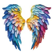 Colorful angel wings crafted from vibrant feathers displayed against a transparent background, showcasing intricate details and a striking design, Colorful Angel Wings on transparent background png