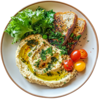 Delicious serving of hummus topped with greens and artisan toast, perfect for a healthy lunch or snack, portion of hummus with greens and toasts png