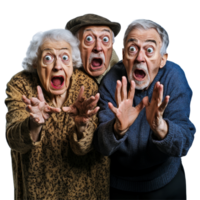 A group of surprised elderly individuals expressing fear and astonishment in a bright, isolated setting, group of scared surprised old people, file of isolated object on transparent background png