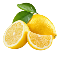 Fresh lemon with vibrant yellow skin and green leaves isolated on a clean transparent background for culinary uses, Fresh lemon isolated on transparent background png