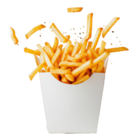 French fries overflowing from a transparent paper box against a minimalist background, French fries bursting out from transparent paper box png