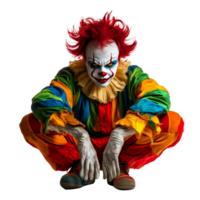 A frightening clown with bright colors crouches menacingly against a transparent background, Scary Clown Isolated on transparent background png