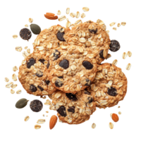 Oatmeal cookies with chocolate chips and muesli arranged beautifully on a transparent background for a delightful treat, Oatmeal cookies and muesli on transparent background png