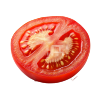 Freshly sliced tomato showcasing vibrant red color and juicy texture isolated on a clean transparent background, Fresh tomato fruit slice isolated on transparent background png