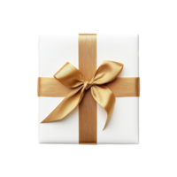 Elegant gold ribbon tied around a beautifully wrapped gift box on a clean transparent background, Top view of gold ribbon on gift box isolated on transparent backgroundfile png