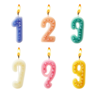 Colorful numbershaped candles with flames representing a special birthday celebration moment, 123 number shaped candles. Candlelight for every year, birthday from 0 to 9 isolated on transparent png