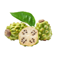 Noni fruit on a transparent background showcasing its unique texture and shape with a fresh green leaf accent, Noni fruit on transparent background png