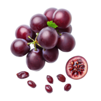 Fresh red grapes with seeds and a sliced grape showcasing vibrant color and texture against a transparent background, Red grape with seeds isolated on transparent background png