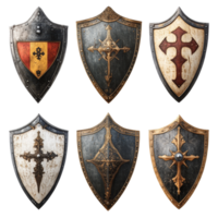 medieval cavaleiro escudos em transparente, apresentando único desenhos e artesanato a partir de a meio idades, medieval cavaleiro escudos isolado em transparente fundo png