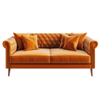 Orange sofa with cushions placed on a transparent backdrop for a modern and stylish decor setting, orange sofa isolated on transparent png