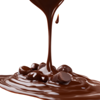 A smooth cascade of rich liquid chocolate pouring over dark chocolate pieces against a bright transparent background, Liquid Chocolate Cascade High Qualityisolated on transparent background png