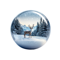 A beautifully crafted Christmas snow globe featuring a reindeer figurine set against a snowy mountain landscape, Christmas snow ball with reindeer figure, isolated on transparent background png