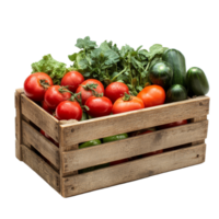 Fresh garden vegetables arranged in a rustic wooden box on a transparent background for healthy cooking ideas, wooden box with vegetables isolated on transparent background png