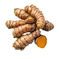 Fresh turmeric roots arranged isolated on a transparent background showcasing their rich color and unique texture, turmeric roots isolated on transparent background png