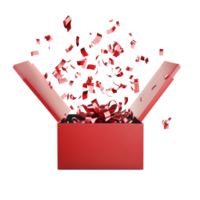Exciting gifts launching from a vibrant red gift box with colorful confetti against a bright background, Gifts bursting out from red open gift box over transparent background png