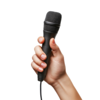 Hand holding a microphone on a transparent background ready for performance or presentation, Hand Holding Microphone Isolated on transparent background High Resolution png