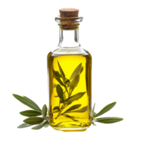 Fresh olive oil in a glass bottle with vibrant green leaves and ripe fruit on a transparent background, Olive oil in bottle with fresh fuit and leaves isolated on transparent background png