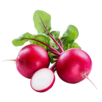 Fresh red radish with greens isolated on a transparent background showcasing vibrant colors and natural beauty, Fresh red radish isolated on transparent background png