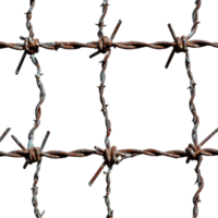 Detailed view of a rusty steel barbed wire fence against a transparent background, emphasizing its sharpness and design, Steel Barbed Wire Fence transparent background png