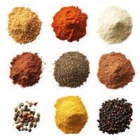 Aromatic spice seasonings powder arranged in a grid on a transparent surface for culinary use, Top view aromatic spices seasonings powder isolated on transparent background png