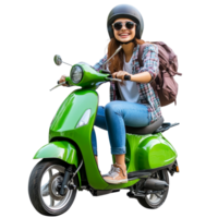 Happy student riding an ecofriendly scooter with a backpack in a sunny urban setting, file no background Happy student riding an ecofriendly scooter png