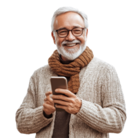 Smiling senior man wearing a scarf enjoys using his phone in a bright, cheerful setting indoors, Smiling Senior Man with Phone on transparent background png