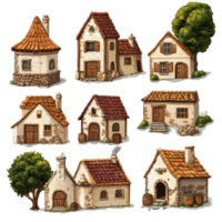Charming village buildings in RPG style with varied architecture set against a bright transparent background, Village buildings 2d rpg style view on transparent background png