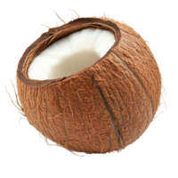 A fresh coconut cut in half, revealing transparent flesh and brown outer shell, isolated against a transparent background for a clean, vibrant look, coconut isolated on transparent background png
