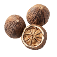 Dried nutmeg spices on a transparent background showcasing their unique texture and natural form, Dry nutmeg isolated on transparent background png