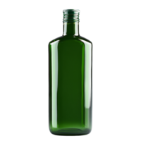 Empty green glass bottle without a cap on a plain gray background, showcasing its smooth shape and rich color, Green bottle no cap png