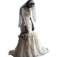 A spooky zombie bride stands alone in a transparent backdrop, haunting with her frozen face and tattered gown, Scary zombie bride isolated on transparent background png