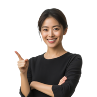 Smiling Asian woman joyfully pointing to the side in a bright setting, Asian Smiling woman pointing finger to the side with copy space isolated transparent background png