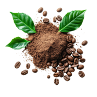 Instant coffee grains with fresh leaves on a transparent background displaying a rich coffee texture and aroma, coffee grains. instant coffee and leaves on transparent background png
