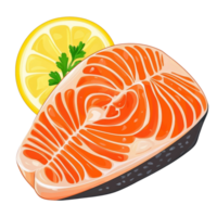 Fresh salmon trout steak slice with lemon and garnish on a plain background, salmon, trout, steak, slice of fresh raw fish, isolated png