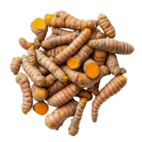 Fresh turmeric roots placed on a clean transparent background showcasing their vibrant orange color and unique texture, turmeric on transparent background png