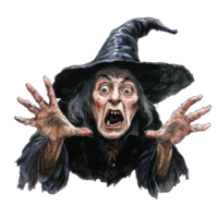 A frightened witch with wild hair and outstretched hands against a stark transparent background, Scared Witch on transparent background png