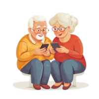 Elderly couple enjoying a shared moment while watching a phone together indoors, AIGenerated Cartoon Elderly Couple Watching Phone, transparent background png