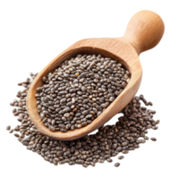 Chia seeds in a wooden scoop on a transparent background showcasing their texture and color for nutritional purposes, Chia seeds isolated Stock Photo png