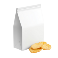 Cut open blank snack packaging with crisp chips isolated on a transparent background in studio lighting, Cut open blank snack packaging isolated png