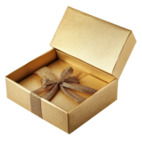 Elegant gold open gift box with ribbon showcasing a surprise inside perfect for special occasions and celebrations, Gold open gift box with ribbon isolated png