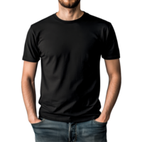 Black tshirt mockup displayed on a man standing against a transparent background with hands in pockets, black tshirt mockup on a man, file of isolated object with shadow on transparent background png