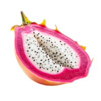 Half dragon fruit pitaya showcasing vibrant skin and speckled flesh isolated on a transparent background, Half dragon fruit, pitaya isolated on transparent background png
