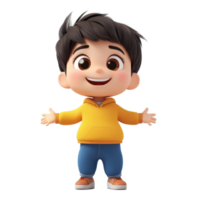 A cheerful young child stands with outstretched arms, smiling joyfully against a plain background, 3d cartoon of little child isolated on transparent background png