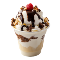 Delicious ice cream sundae with toppings served in a cup in a bright setting, Delicious ice cream sundae in a cup png