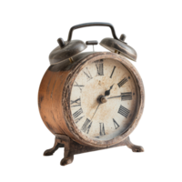 Vintage table alarm clock with a weathered face and oldfashioned bells isolated against a transparent background, vintage table alarm clock, file of isolated object with shadow on transparent png